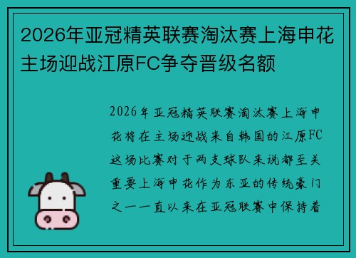 2026年亚冠精英联赛淘汰赛上海申花主场迎战江原FC争夺晋级名额