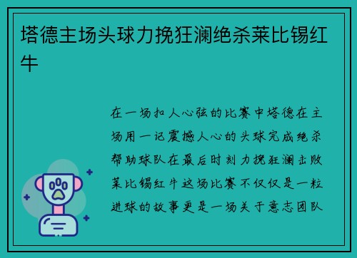 塔德主场头球力挽狂澜绝杀莱比锡红牛 塔德主场头球力挽狂澜绝杀莱比锡红牛