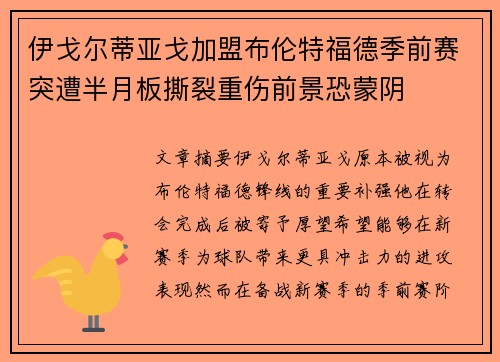 伊戈尔蒂亚戈加盟布伦特福德季前赛突遭半月板撕裂重伤前景恐蒙阴 伊戈尔蒂亚戈加盟布伦特福德季前赛突遭半月板撕裂重伤前景恐蒙阴
