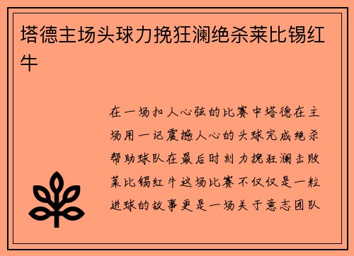 塔德主场头球力挽狂澜绝杀莱比锡红牛 塔德主场头球力挽狂澜绝杀莱比锡红牛