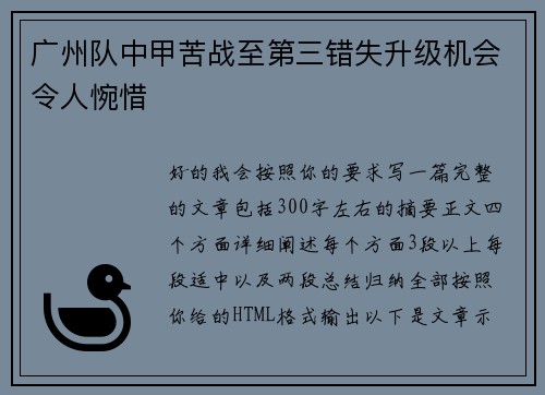 广州队中甲苦战至第三错失升级机会令人惋惜 广州队中甲苦战至第三错失升级机会令人惋惜
